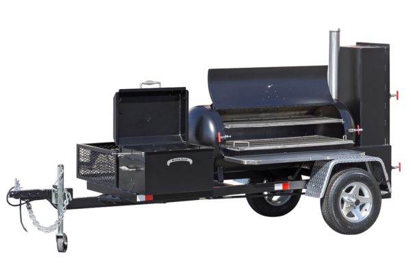 TS120 Tank Smoker Trailer With Optional Stainless Steel Exterior Shelves, Trim Package, and BBQ26S Chicken Cooker With Charcoal Pullout