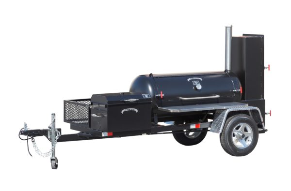 Meadow Creek TS120 Tank Smoker trailer with optional stainless steel exterior shelf, trim package, and BBQ26.