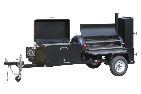 TS120 Tank Smoker Trailer With Optional Stainless Steel Exterior Shelves and BBQ42 Chicken Cooker With Charcoal Pullout