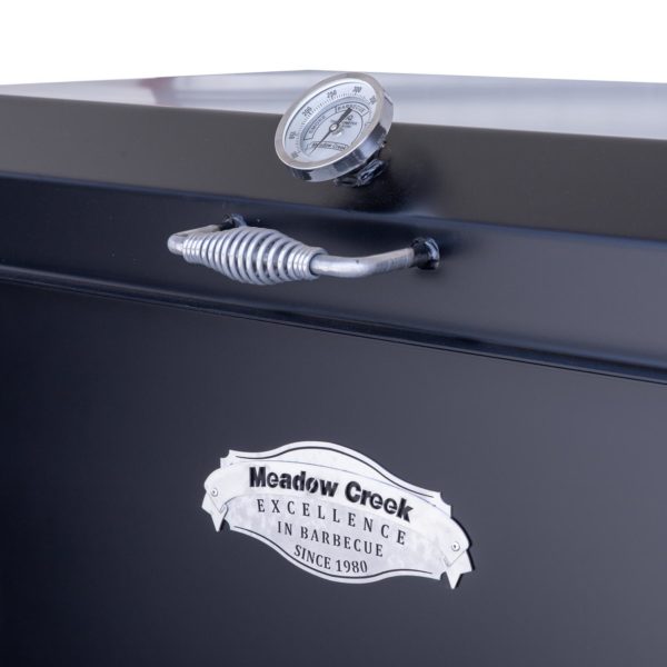 Calibratable Stainless Steel Thermometer and Cool-to-the-Touch Lid Handle on BBQ42 Chicken Cooker